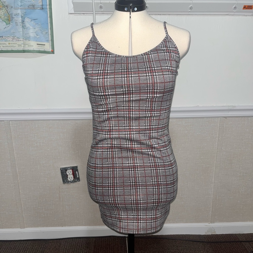 Grey and Red Plaid Spaghetti Strap Dress